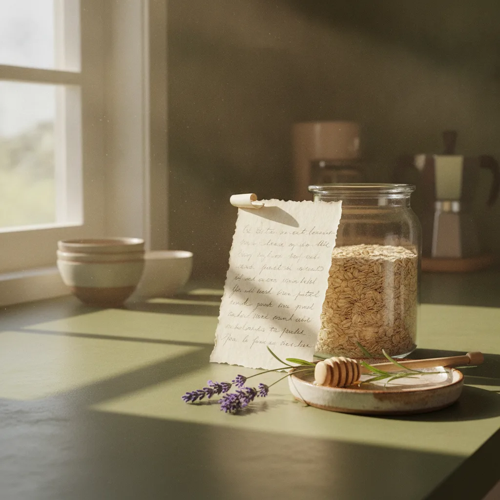 Morning kitchen scene with ingredients and a recipe card for DIY face serum