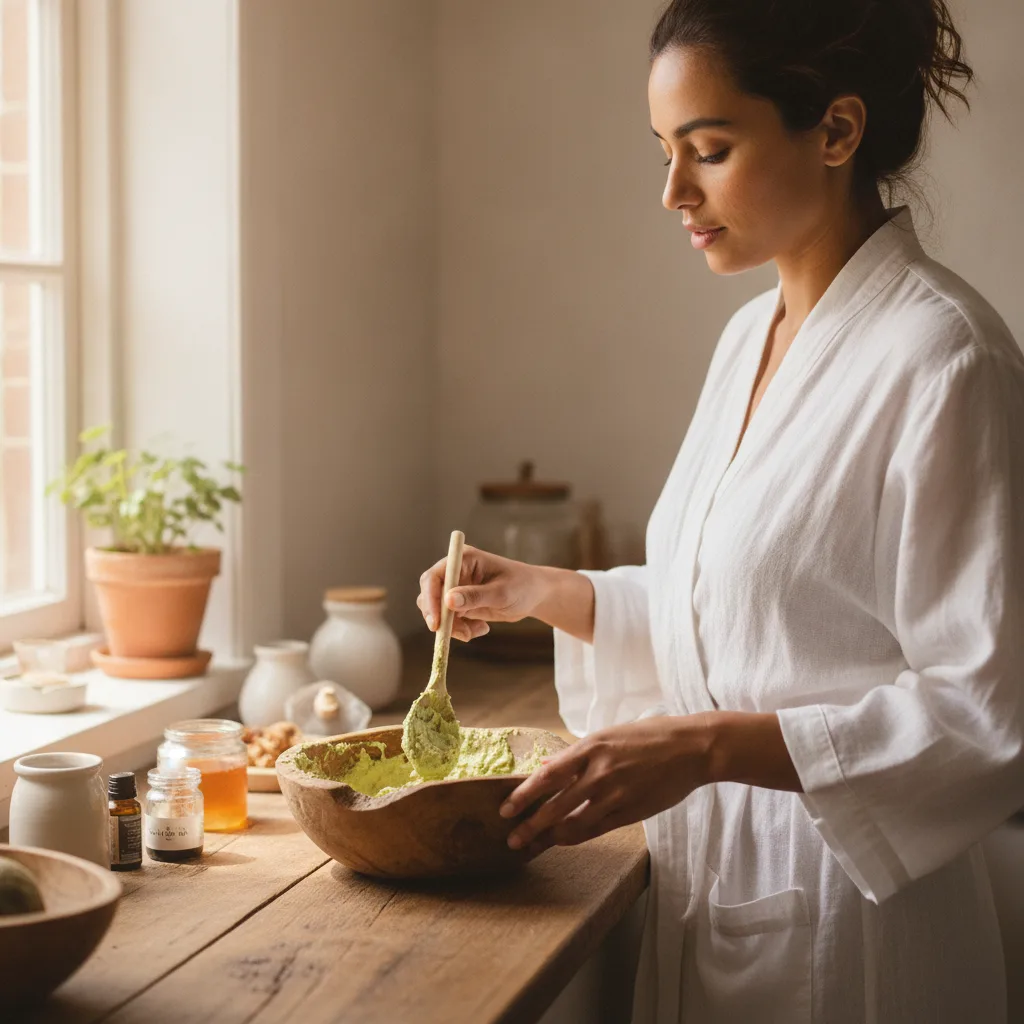Woman mixing avocado and oat scrub in a wooden bowl